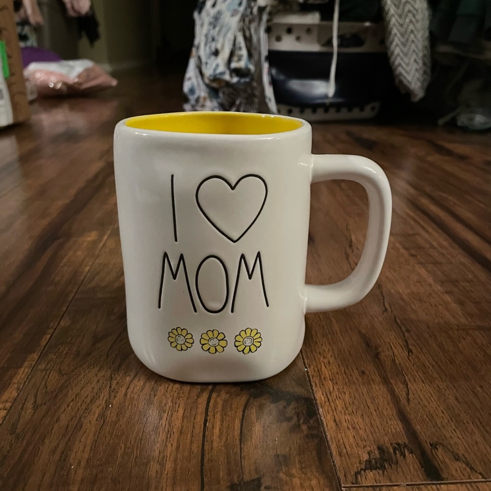 Rae Dunn I heart mom floral mug yellow inside